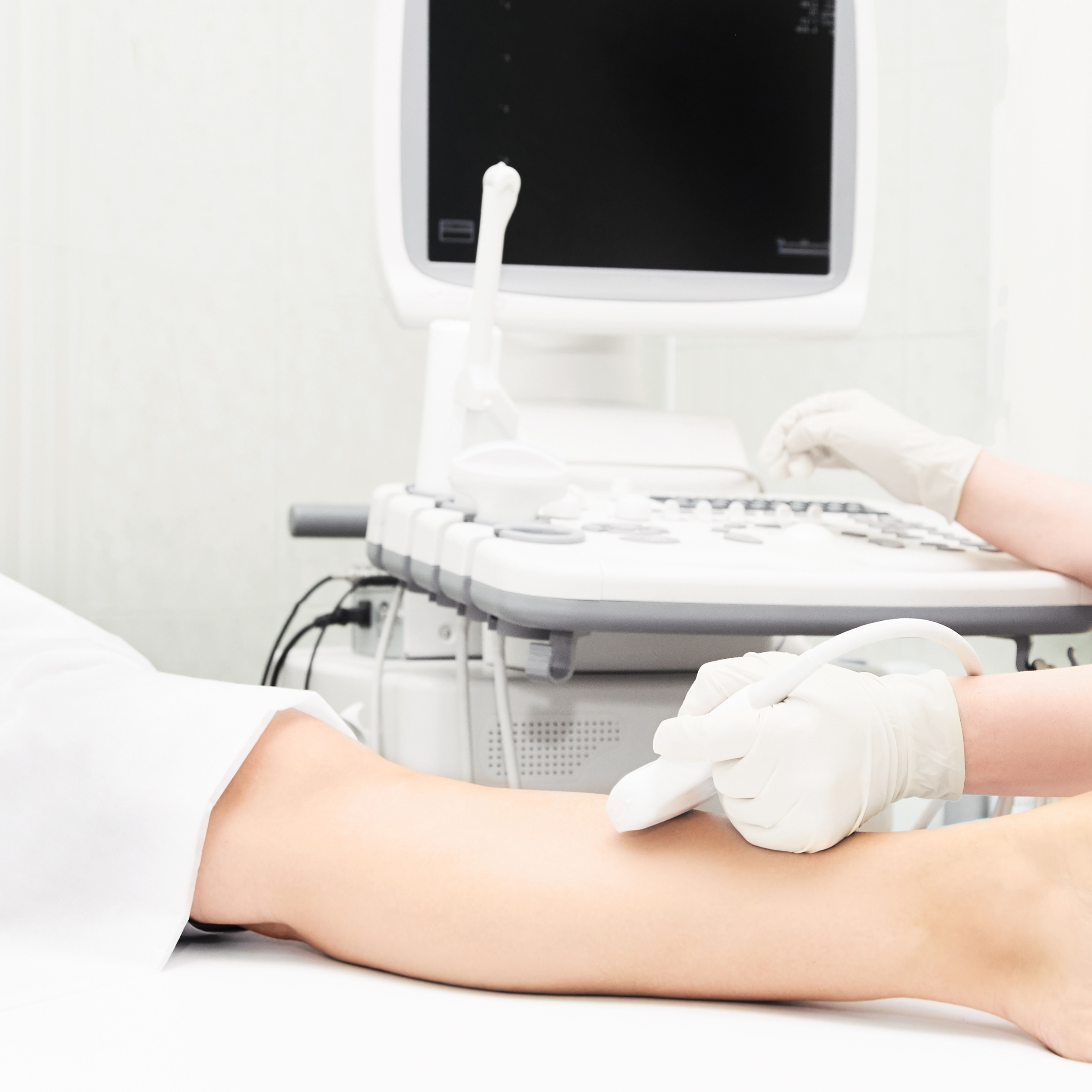 Doctor ultrasound knee test. Scan medical equipment. Diagnosis ultrasound foot. Varicose ankle exam tool.